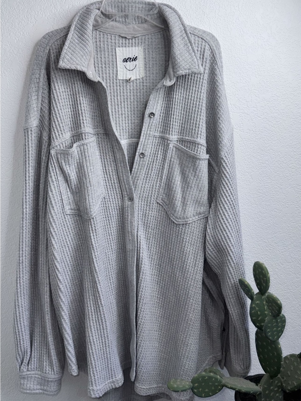 aerie Light Gray Waffle-Knit Button-Up Shacket XL